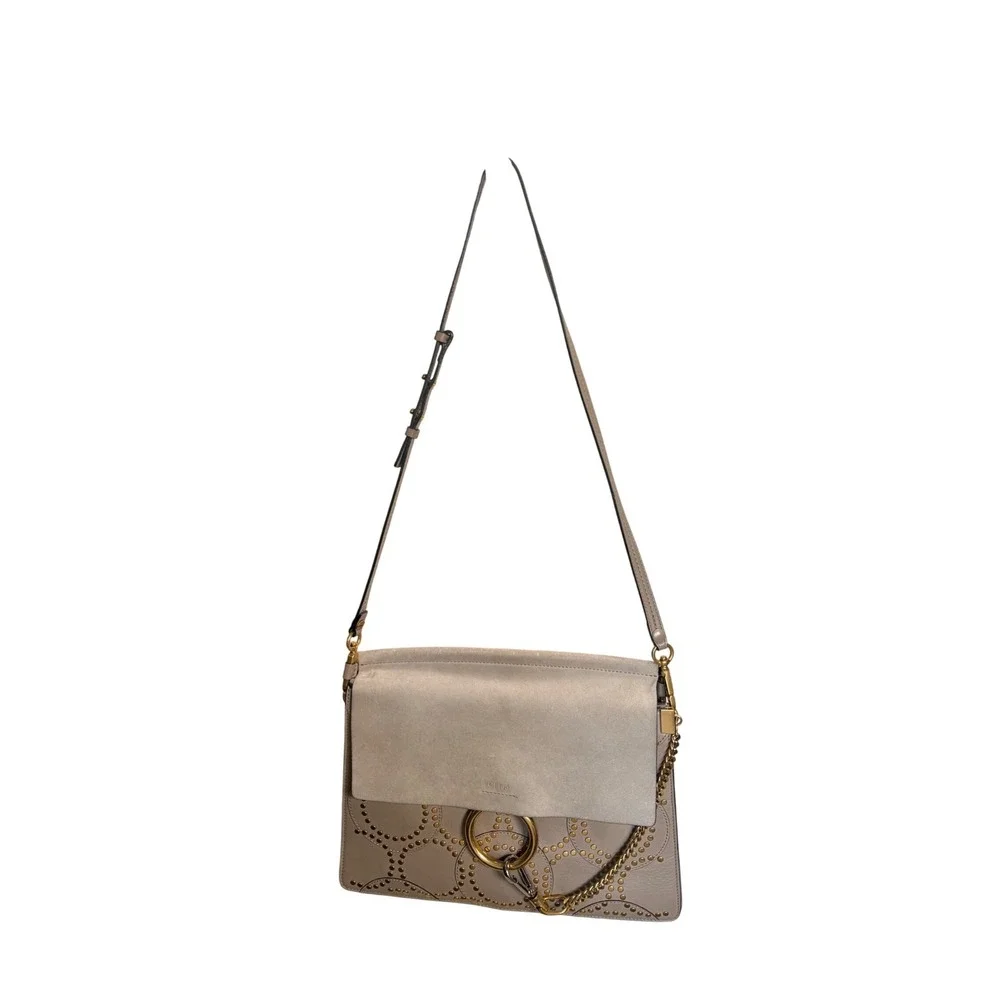 Chloe Faye Studded‎ Suede Leather Shoulder Bag Taupe Grey Gold Hardware Rare COA
